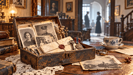 Old family photographs, letters and keepsakes symbolising hidden family secrets