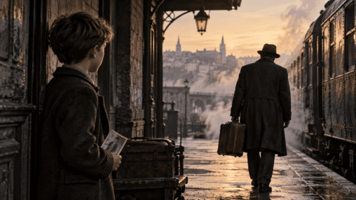 Emotional father and son scene in a historical setting, showing silence, distance and the lasting impact of war on family relationships.