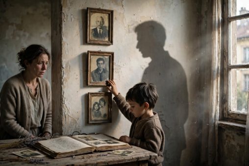 Novels about inherited trauma: young boy touching framed photograph of absent father on cracked wall with three generations of family photos, large shadow of father cast on wall, worried mother watching, old photo album on table, emotional legacy
