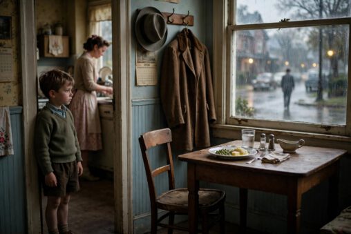 Novels about absent fathers: young boy staring at empty chair at family table, untouched dinner plate, father's coat and hat on hooks, father's silhouette walking away in rain outside window, haunting image of paternal absence