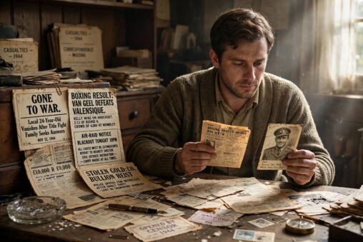 Wartime archive desk with newspaper headlines Gone to War and Boxing Result Van Geel defeats Valensique, air-raid notice and stolen gold heist, man holding vintage photo of father and clipping, historical fiction The Fourth Gold Bar