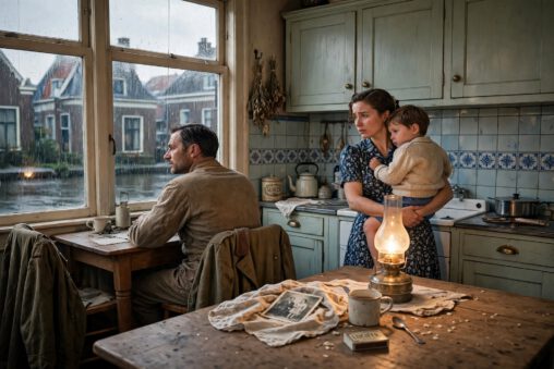 Second World War family story: emotionally distant father at kitchen table after war, mother holding child, hidden old photograph revealing family secrets and inherited trauma