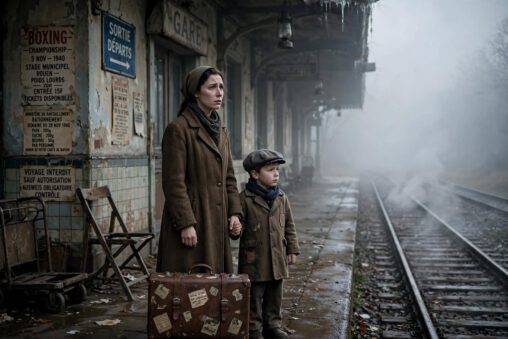 European wartime historical fiction scene: mother and young son standing alone on misty railway platform at dawn in 1940s, empty tracks after train departure, suitcase with travel stickers, father absent, boxing poster and ration signs on station wall