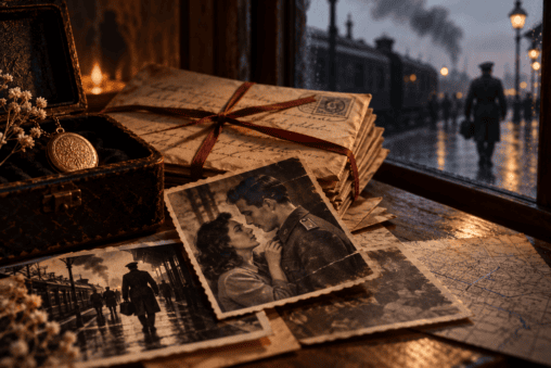 Old wartime love letters and a photograph of a couple beside a railway station, symbolising forbidden love, family secrets and the lasting consequences of World War II.