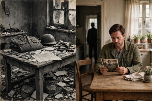 Why historical fiction based on true events endures: split image left wartime table with uniform helmet bomb damage photos, right present day son at kitchen table holding old war photo of father, father's silhouette in doorway, public history continues inside private lives