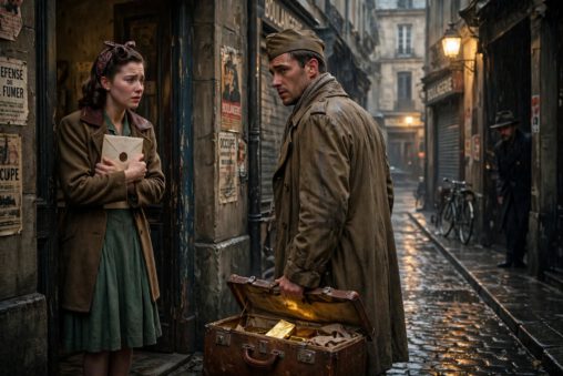 Wartime betrayal and romance: young woman holding sealed letter in rainy 1940s European alley, man leaving with open suitcase revealing gold bars, shadowy figure watching, tension of forbidden love and secrets during WWII