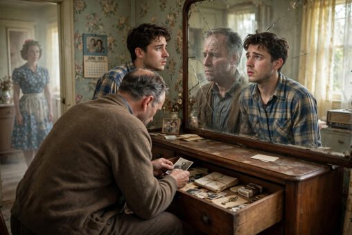 How inherited trauma shapes identity: father hiding photograph in drawer, young adult son behind him looking at cracked mirror showing fragmented reflections of father and son, mother blurred in background, 1957 calendar, family secrets shaping identity