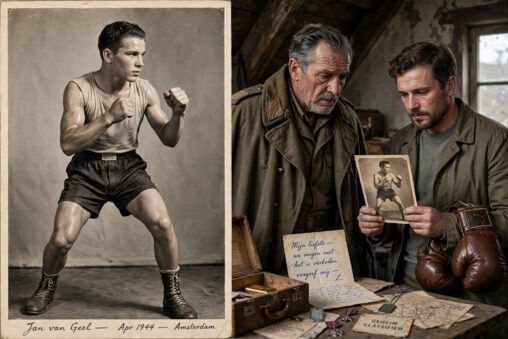Jan van Geel life story: young boxer Jan van Geel Apr 1944 Amsterdam boxing pose vintage photo, older father and adult son holding same photo with boxing gloves, forbidden love letter in Dutch, gold bar in case, classified documents, wartime inheritance