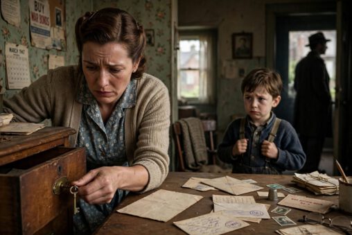 How wartime secrets affect families: mother locking wooden drawer with key, old V-Mail letters and war ration book on table, young son watching confused, father's silhouette leaving in doorway, 1947 interior with war bonds poster