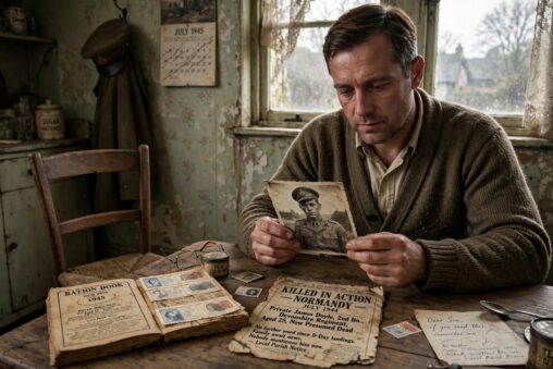 True events behind wartime novels: man at 1945 kitchen table holding faded photograph of father in uniform, ration book 1945 open, newspaper clipping Killed in Action Normandy July 1944 Private James Doyle Devonshire Regiment, empty chair, uniform cap on hook