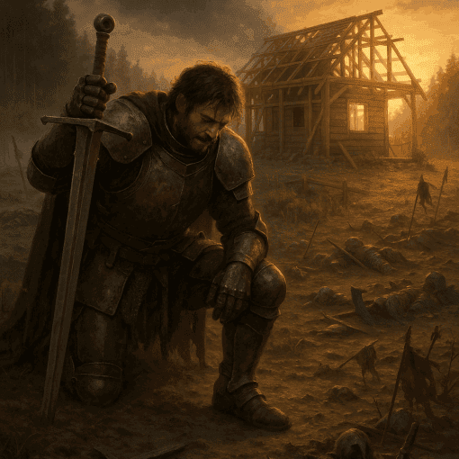 Ein Krieger in voller Rüstung, erschöpft vom Kämpfen. Er kniet auf dem Schlachtfeld seines inneren Kampfes. Im Hintergrund ein halb fertig gebautes Haus, als Zeichen dessen was er gerne erreichen würde, aber nicht schafft, da er zu sehr mit seinem inneren Kampf beschäftigt ist.