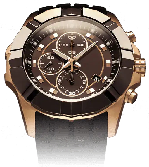 Gold and black chronograph watch with multiple sub-dials on a transparent background.