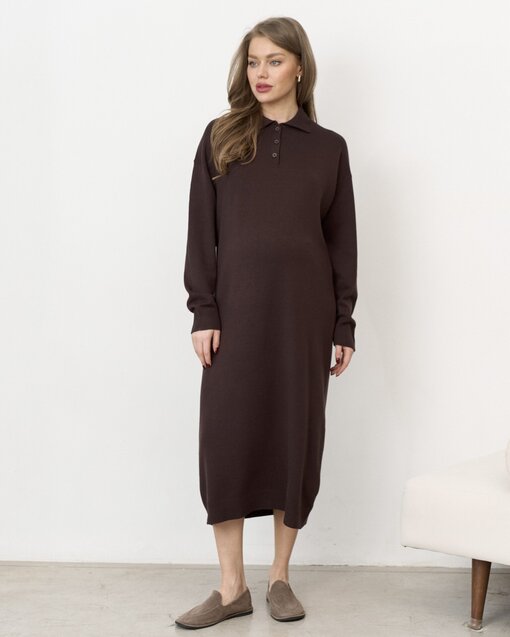 Шоколадное вязаное платье-поло для беременных Nova