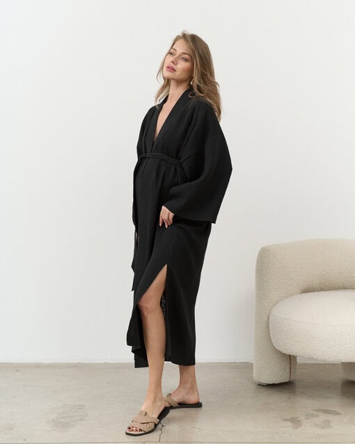 Черный халат-кимоно из муслина Tropiki — изображение 7