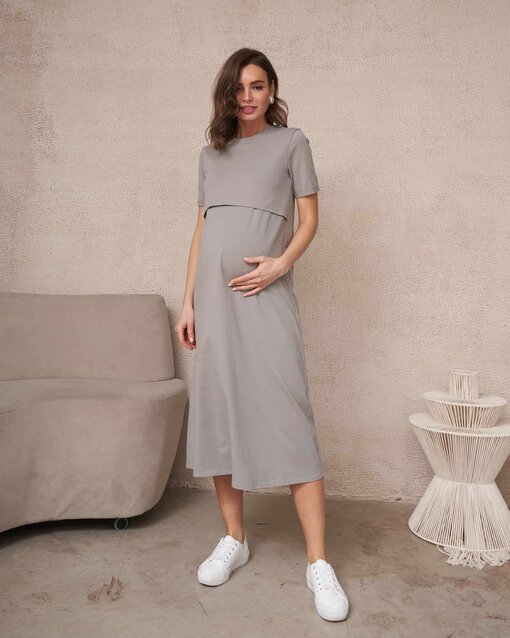 Серое платье-футболка для будущих и кормящих мам Casual