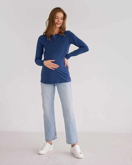 Синий лонгслив для будущих и кормящих мам Simple — изображение 3