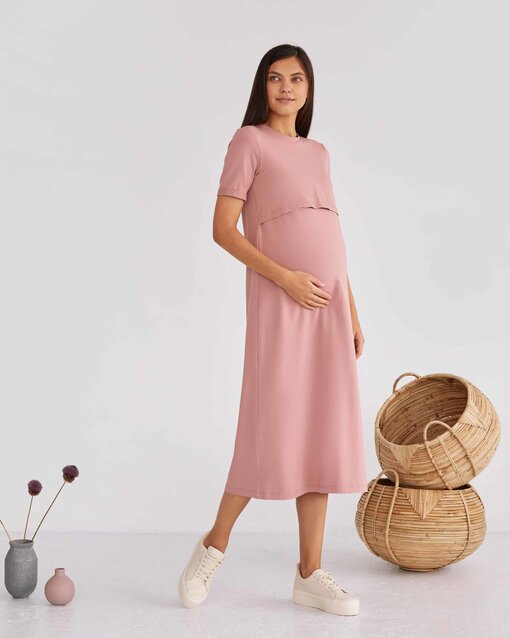 Пудровое платье-футболка для будущих и кормящих мам Casual — изображение 4