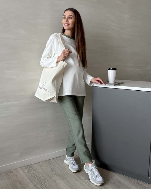 Льняные брюки в цвете хаки для будущих и кормящих мам Amigo — изображение 3