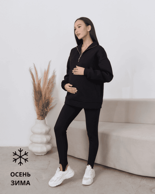 Чёрные теплые леггинсы для беременных со штрипками Samy Winter