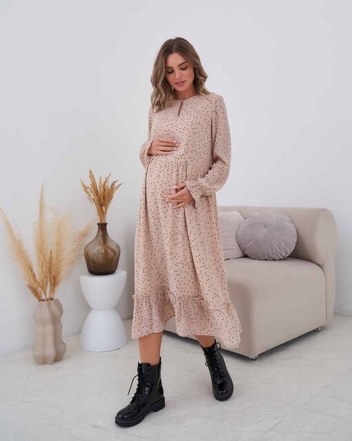 Бежевое платье в горошек для будущих и кормящих мам Valencia