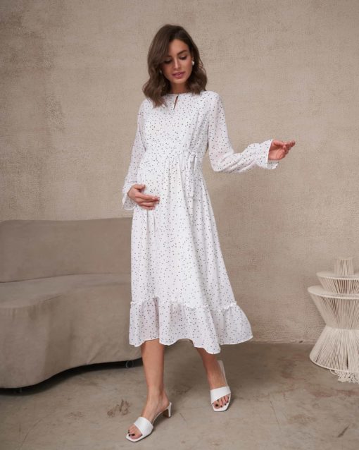 Белое платье в горошек для будущих и кормящих мам Valencia