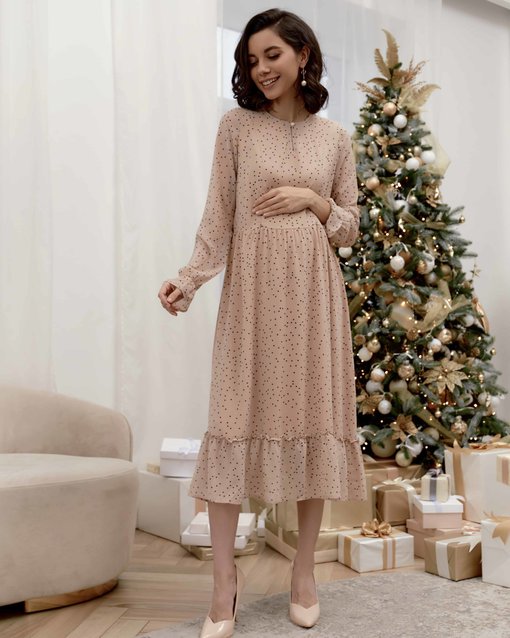 Бежевое платье в горошек для будущих и кормящих мам Valencia — изображение 12