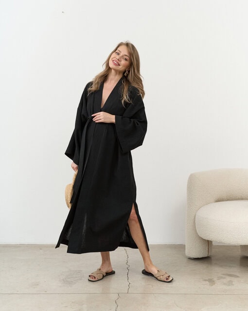 Черный халат-кимоно из муслина Tropiki — изображение 5