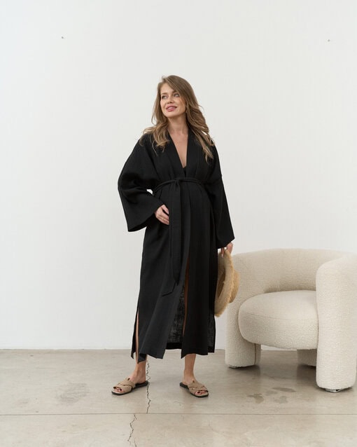Черный халат-кимоно из муслина Tropiki — изображение 6