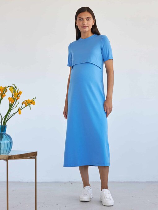 Голубое платье-футболка для будущих и кормящих мам Casual