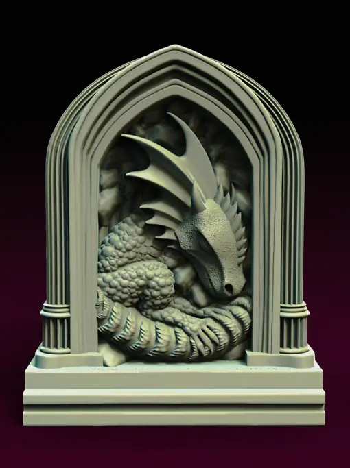 3D printed sleeping dragon fantasy book nook featuring a curled dragon resting inside an arched gothic alcove bookshelf display.