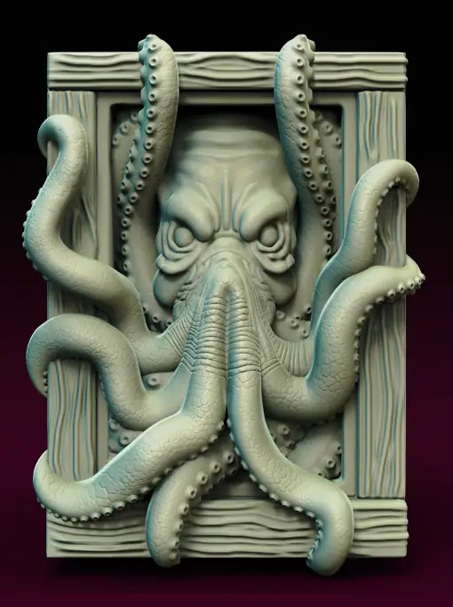 3D printed tentacled horror fantasy book nook featuring a monstrous sea-creature face with curling tentacles emerging from a framed bookshelf display.