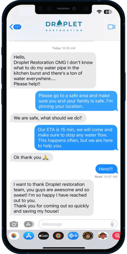 Customers texting Droplet Restoration for Emergency Call to stop water damage in Vancouver, WA.
