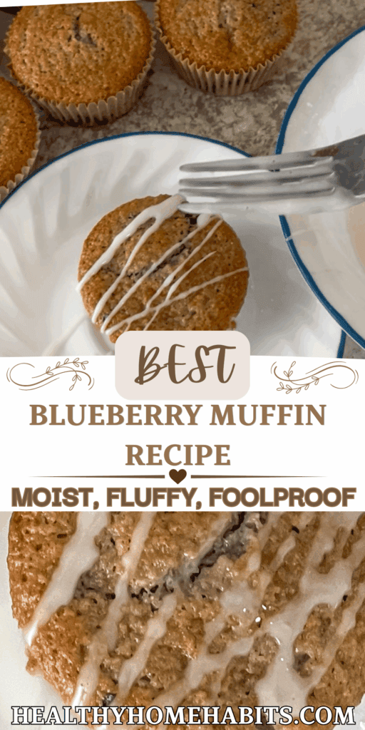 Picture has two images on top and bottom with text in between. Image on top is a blueberry muffin on white plate being drizzled with powdered sugar glaze surrounded by other blueberry muffins on neutral colored kitchen countertop. Image on bottom is a close up of blueberry muffin drizzles with powdered sugar glaze.