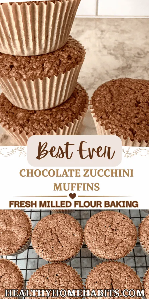 Picture has two images divided by text. Top image is a stack of 3 chocolate zucchini muffins with one muffin to the side on top of neutral kitchen counter. Bottom image is several chocolate zucchini muffins on a wire cooling rack. 