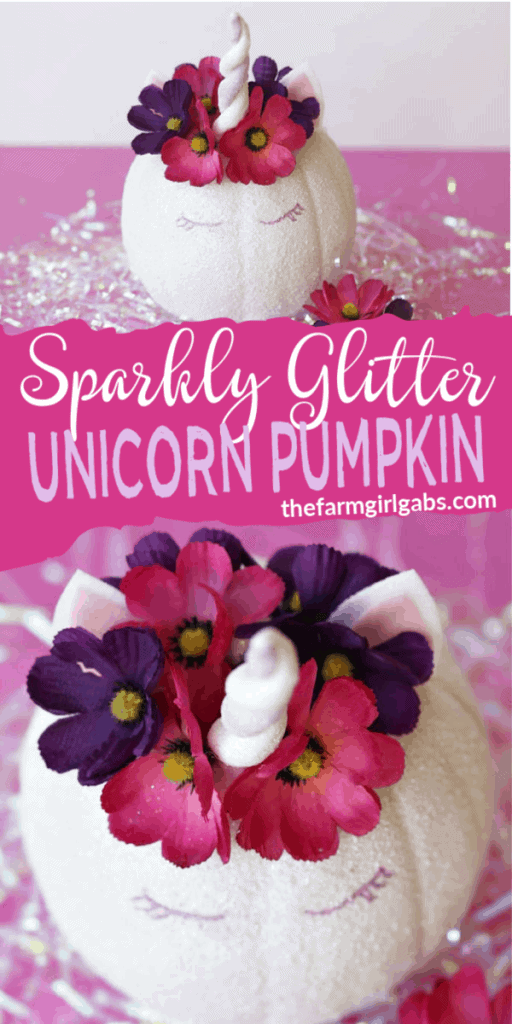 Make Halloween Magical! Make your own Sparkly Glitter Unicorn Pumpkin. This glitter-filled Halloween craft is so simple to create. #Unicorn #UnicornCraft #Halloween #HalloweenCraft #Pumpkin #NoCarvePumpkin