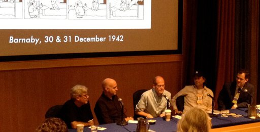 Crockett Johnson's Barnaby and the American Clear Line School. Left to right: Mark Newgarden, Daniel Clowes, Chris Ware, Eric Reynolds, Philip Nel. Photo by Paul Karasik.