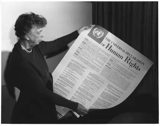 Eleanor Roosevelt reads the Declaration of Human Rights.
