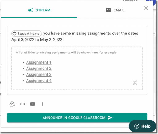 Stream tab for sending missing assignments