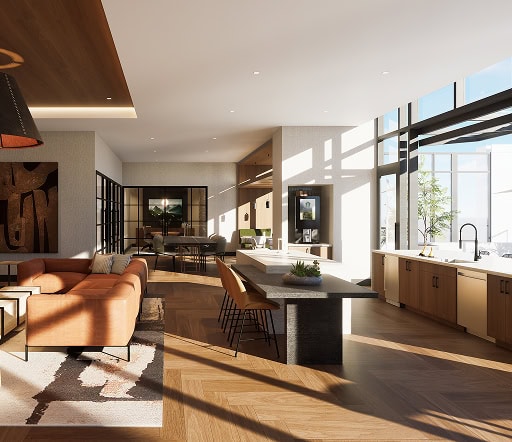 The interior of a modern, open concept condo with luxury amenities in Raleigh Midtown