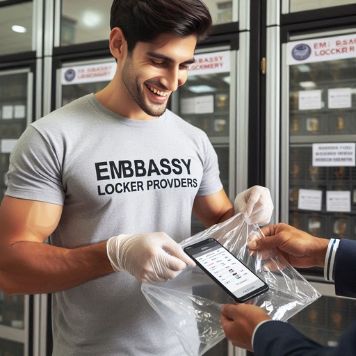 Embassy Locker Providers Employee putting mobile phone of customer in a locker bag near the US Embassy New Delhi