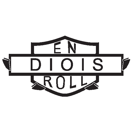 Logo EnDioisRoll style écusson rock avec pattes de mouton stylisées, marque de t-shirts humour et terroir de la Drôme. Createur dromois