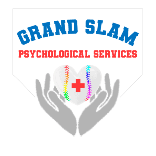 Grand Slam Psychological Services Logo that features the title and two gray hands cradling a white heart with rainbow laces and a red healing cross in the center.