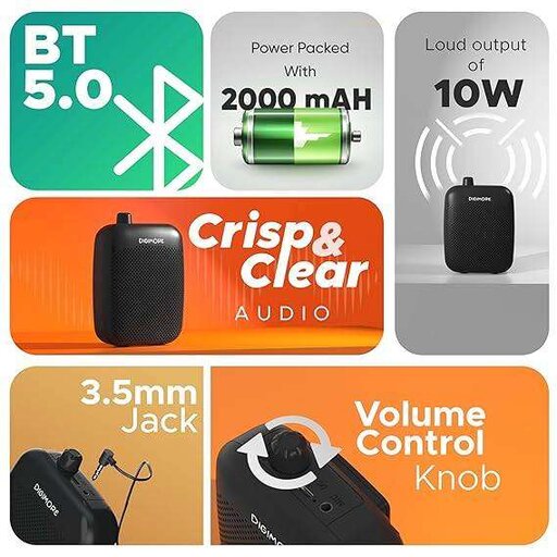 DIGIMORE Voice Amplifier for Teachers with Bluetooth | 8 Hrs Battery | Wired Headset Mic with 10W Speaker for Tour Guides,Yoga,Classroom Teaching Aid for Schools & Colleges (D-1200) - Image 6