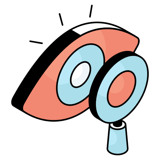 An eye under a magnifying glass, representing the chatbot's analysis of suspicious media to guide users.