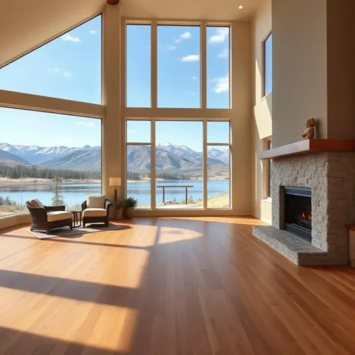 Great room with hardwood floors overlooking mountians and a lake through large windows
