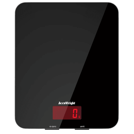 ACCUWEIGHT digital kitchen scale with sleek tempered glass platform and backlit LCD screen, showing precise 5kg/11lb weighing capacity for home cooking.