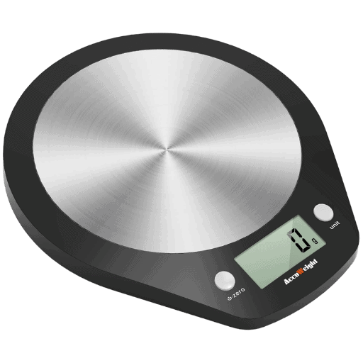 ACCUWEIGHT stainless steel digital kitchen scale with backlit LCD display, featuring dual measurement for solids and liquids, 5kg capacity with 1g precision.
