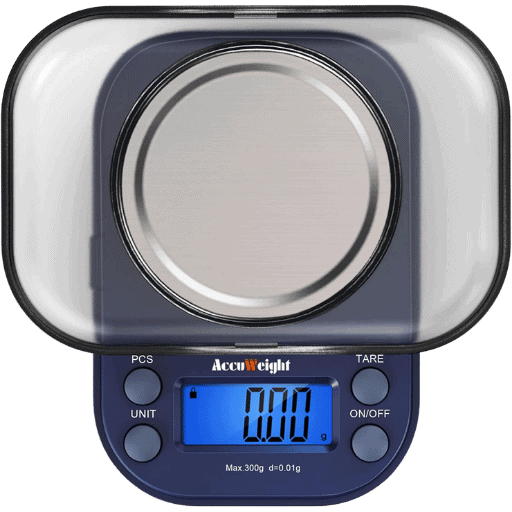 ACCUWEIGHT blue digital pocket scale with stainless steel platform, featuring 0.01g high precision for weighing jewelry, gold, coins, and laboratory samples.