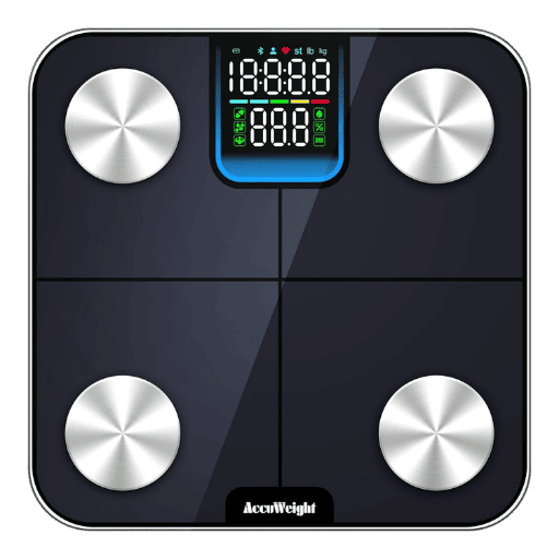 ACCUWEIGHT smart Bluetooth bathroom scale with LED backlight, monitoring body fat, muscle mass, bone density, and heart rate via mobile app integration.
