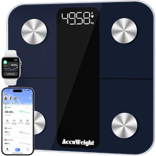 ACCUWEIGHT smart bathroom scale with heart rate display and mobile app synchronization, tracking body fat, muscle mass, and water percentage.